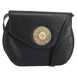 Authentic CELINE Shoulder Bag Leather Black Gold